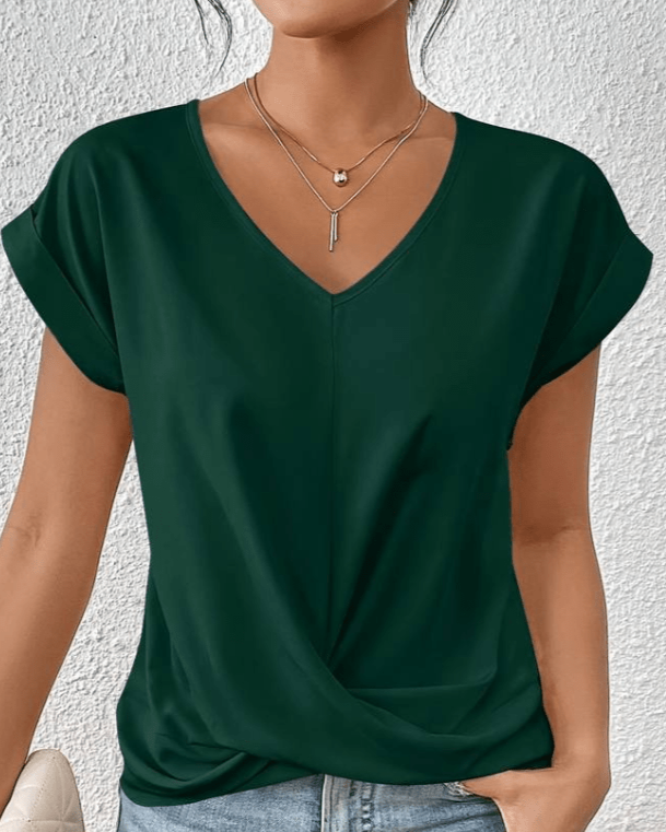 Willa | Women's V-Neck Twist Front Short Sleeve Top - Green - Image 1