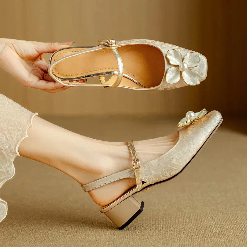 Wisteria | Women's Floral Pearl Mary Jane Heels - Champagne - Image 1
