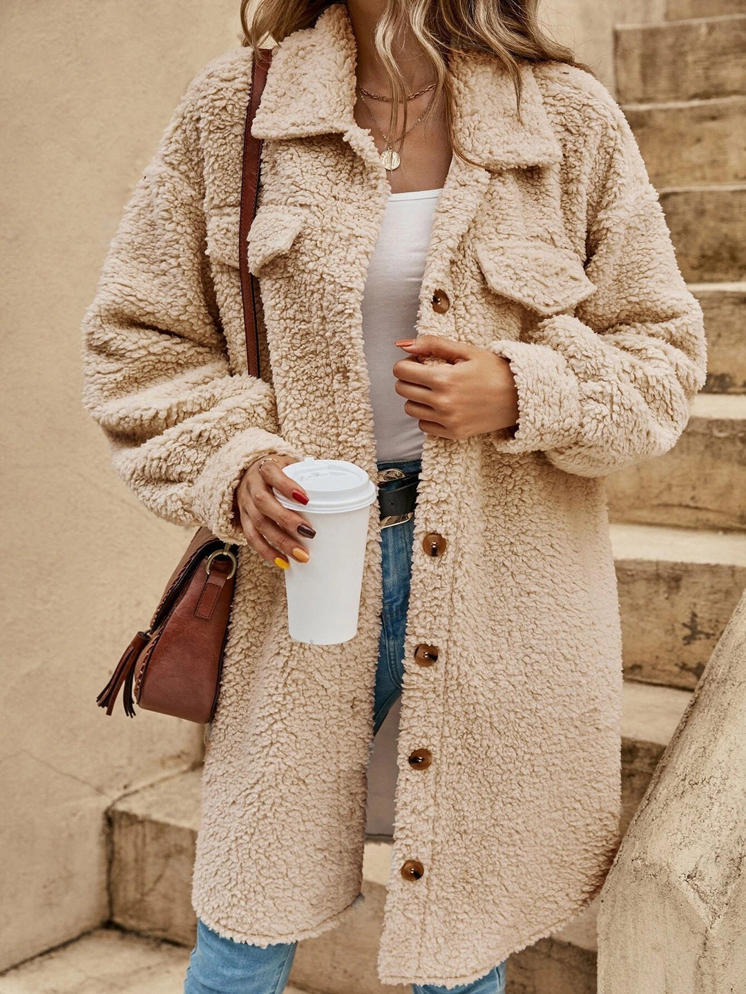 Wrenalda | Women's Long Teddy Fleece Coat - Beige - Image 1