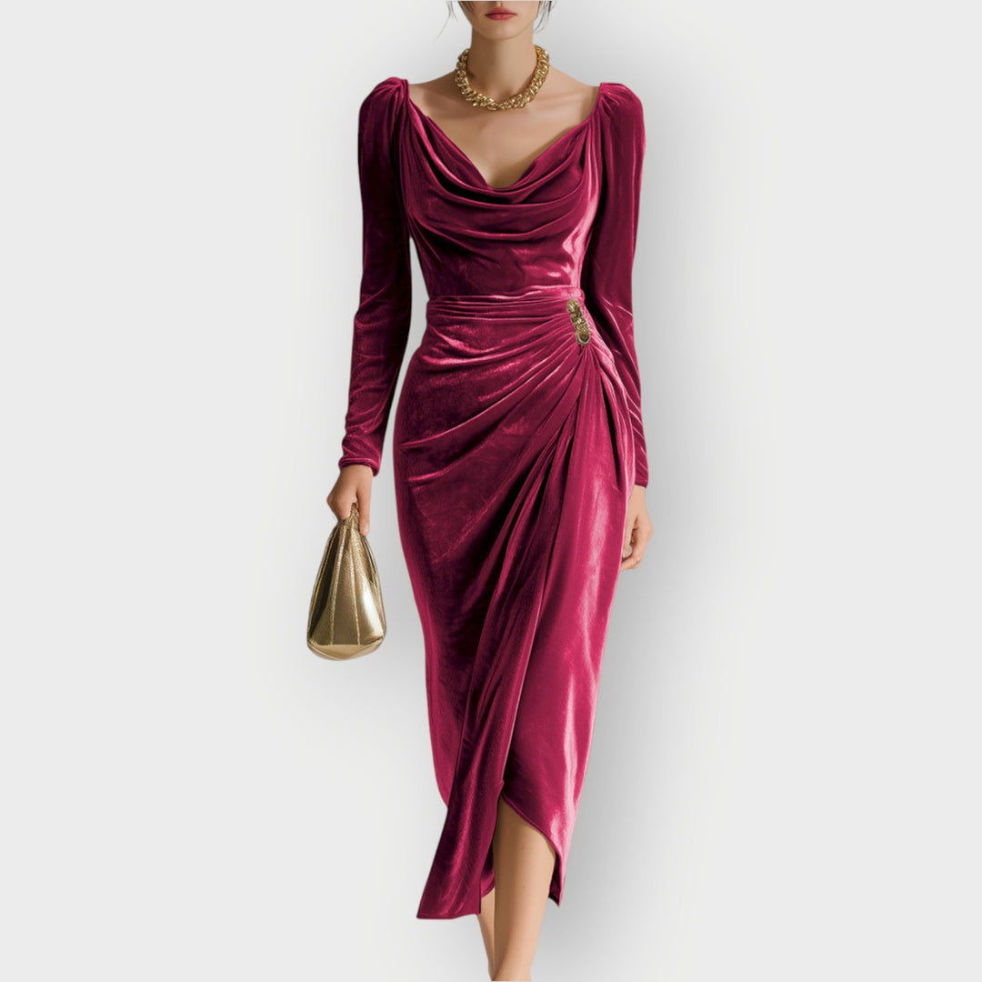 Xanthe | Women's Cowl Neck Long Sleeve Midi Dress - Burgundy - Image 1