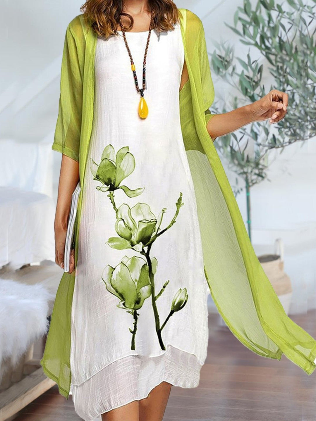 Xara | Women's Floral Print 2 Piece Midi Dress Set - Green - Image 1