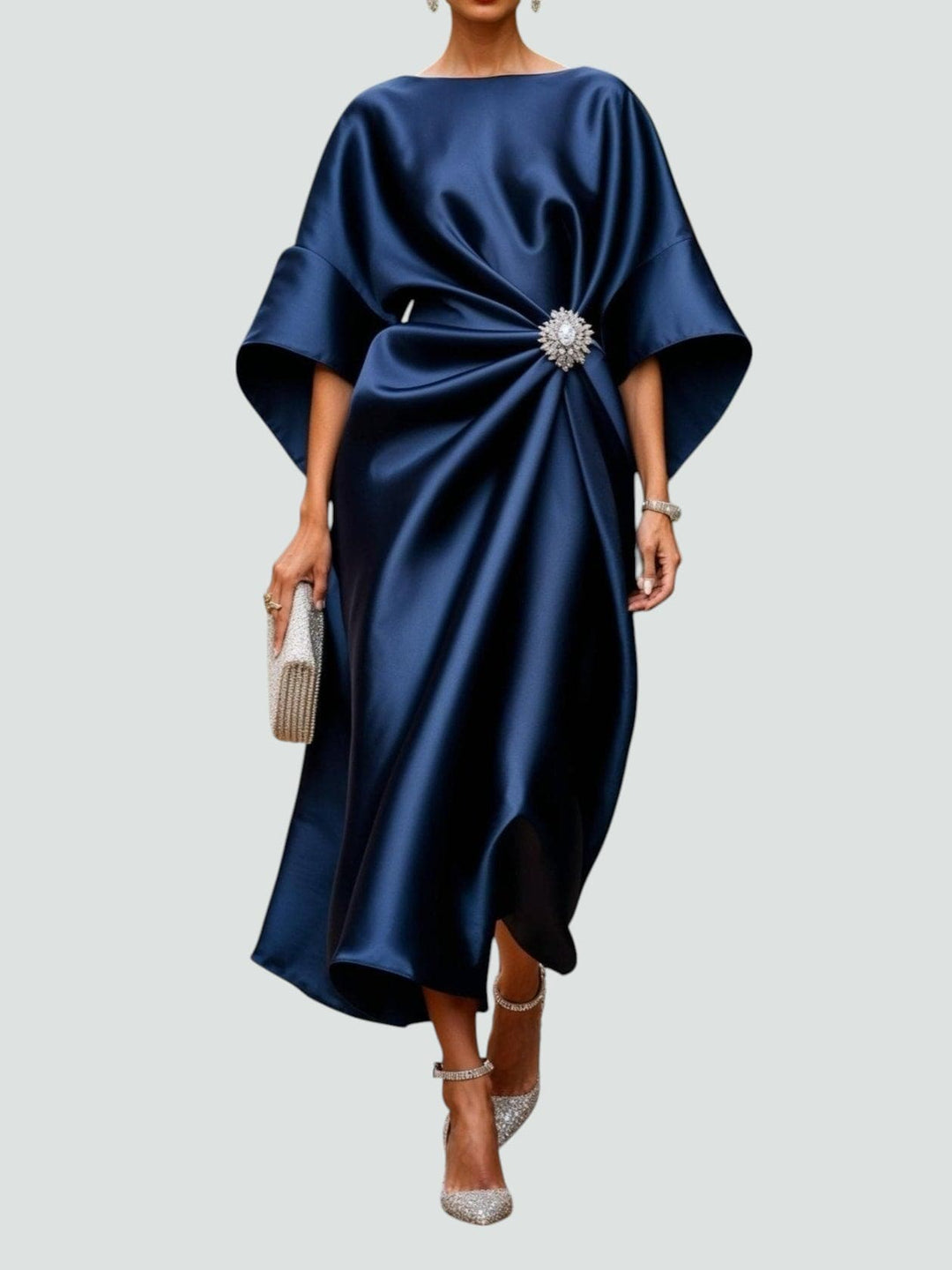 Ximena | Women's Boat Neck Kimono Sleeve Midi Dress - Navy - Image 1