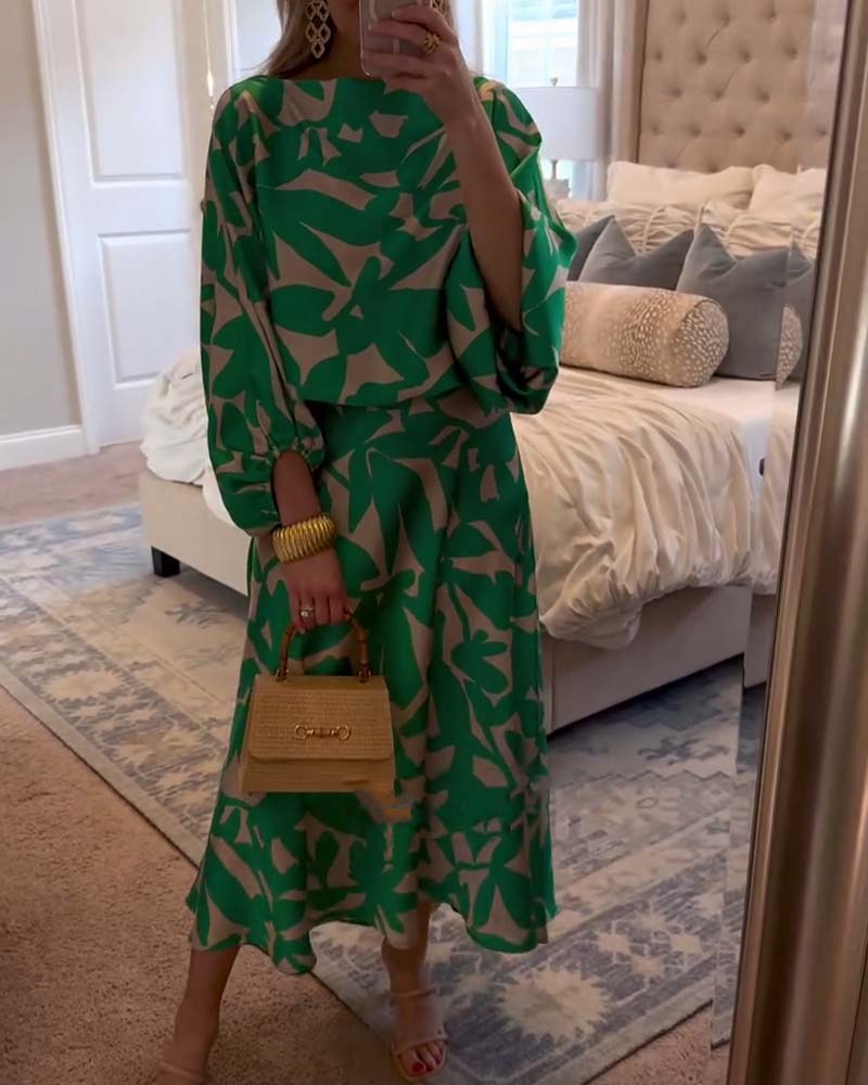 Zara | Women's Printed Lantern Sleeve Two Piece Set - Green - Image 1