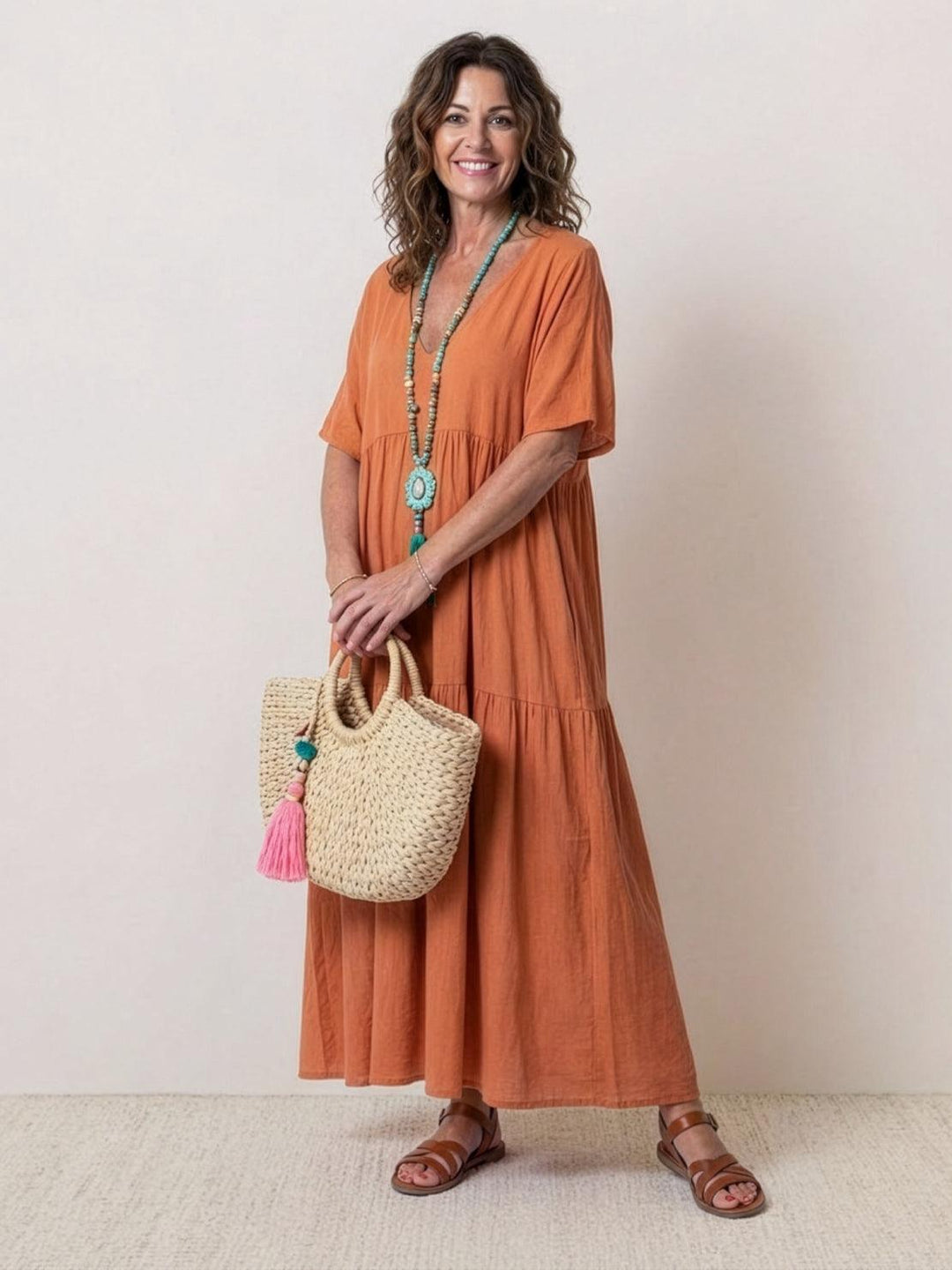 Zelara | Women's V-Neck Tiered Maxi Dress - Orange - Image 1