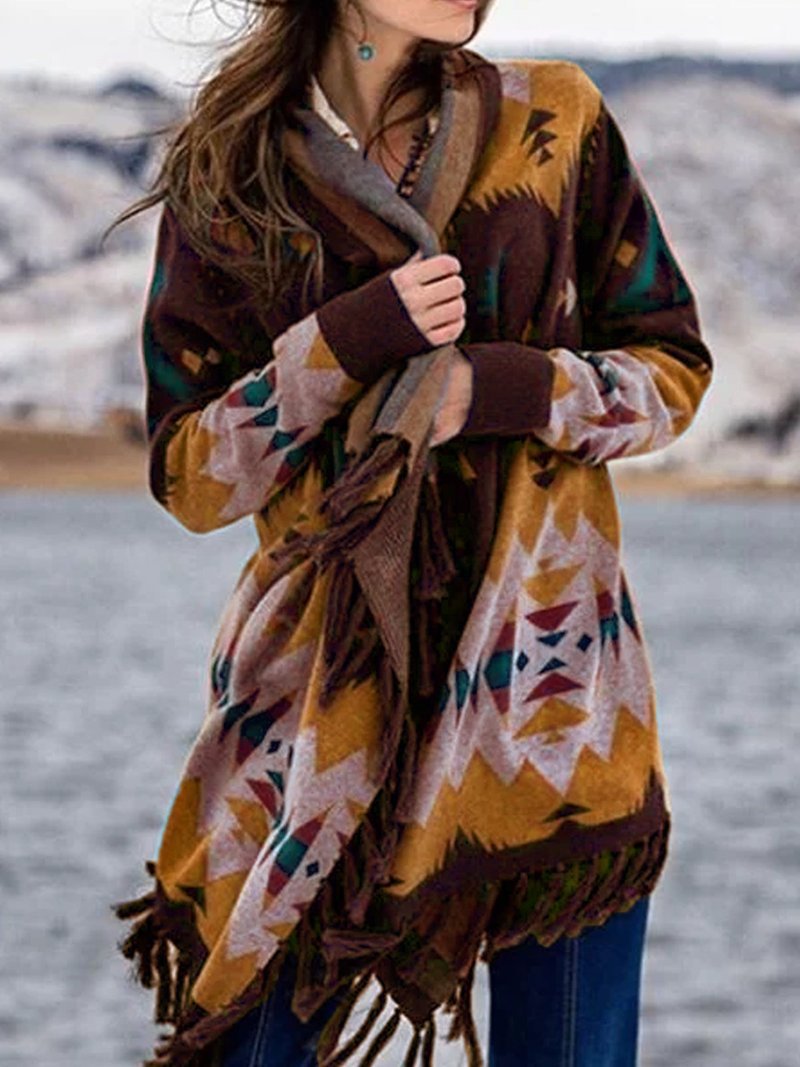 Zelvaine | Women's Aztec Print Cardigan with Fringe - Image 1