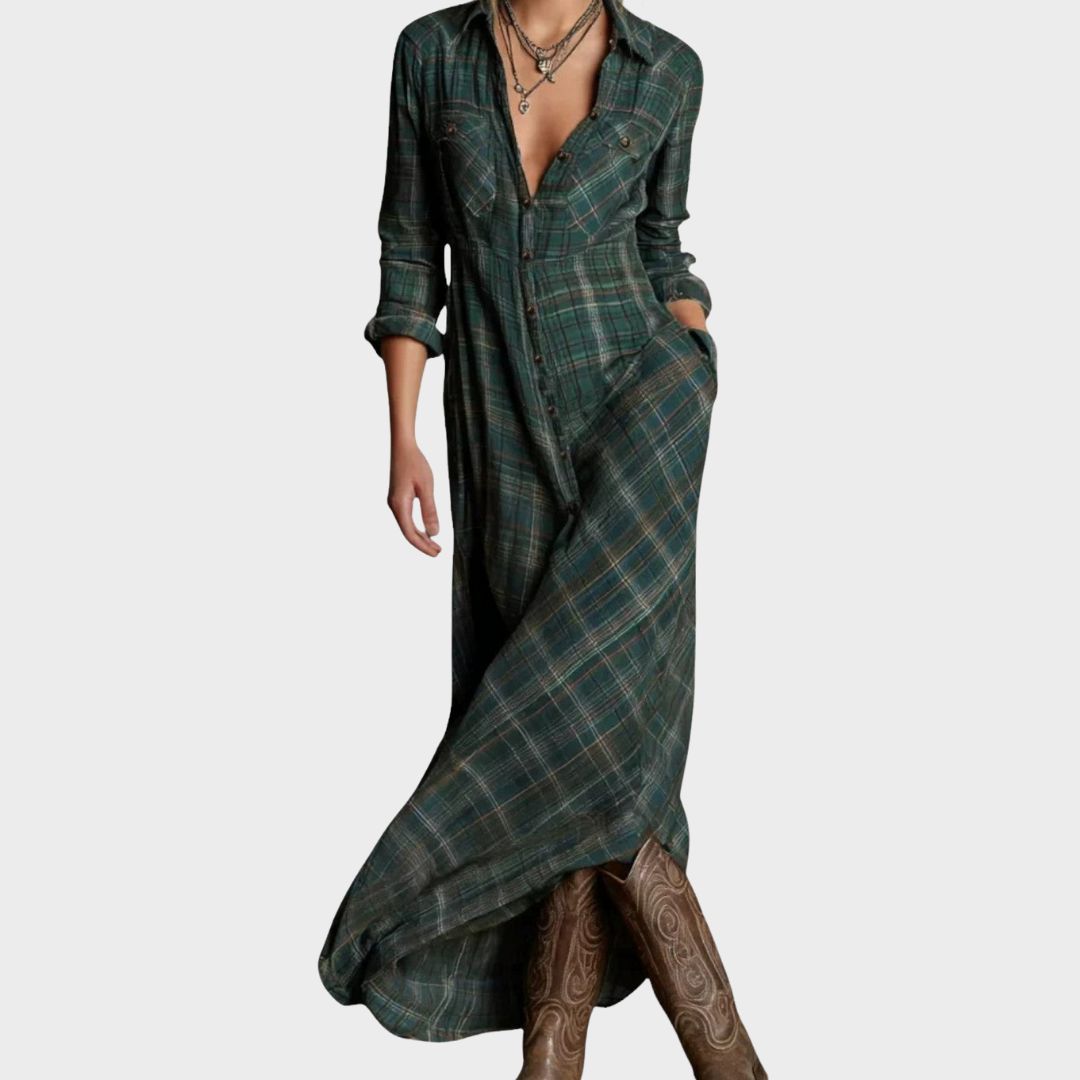 Zenaida | Women's Check Maxi Shirt Dress - Green - Image 1