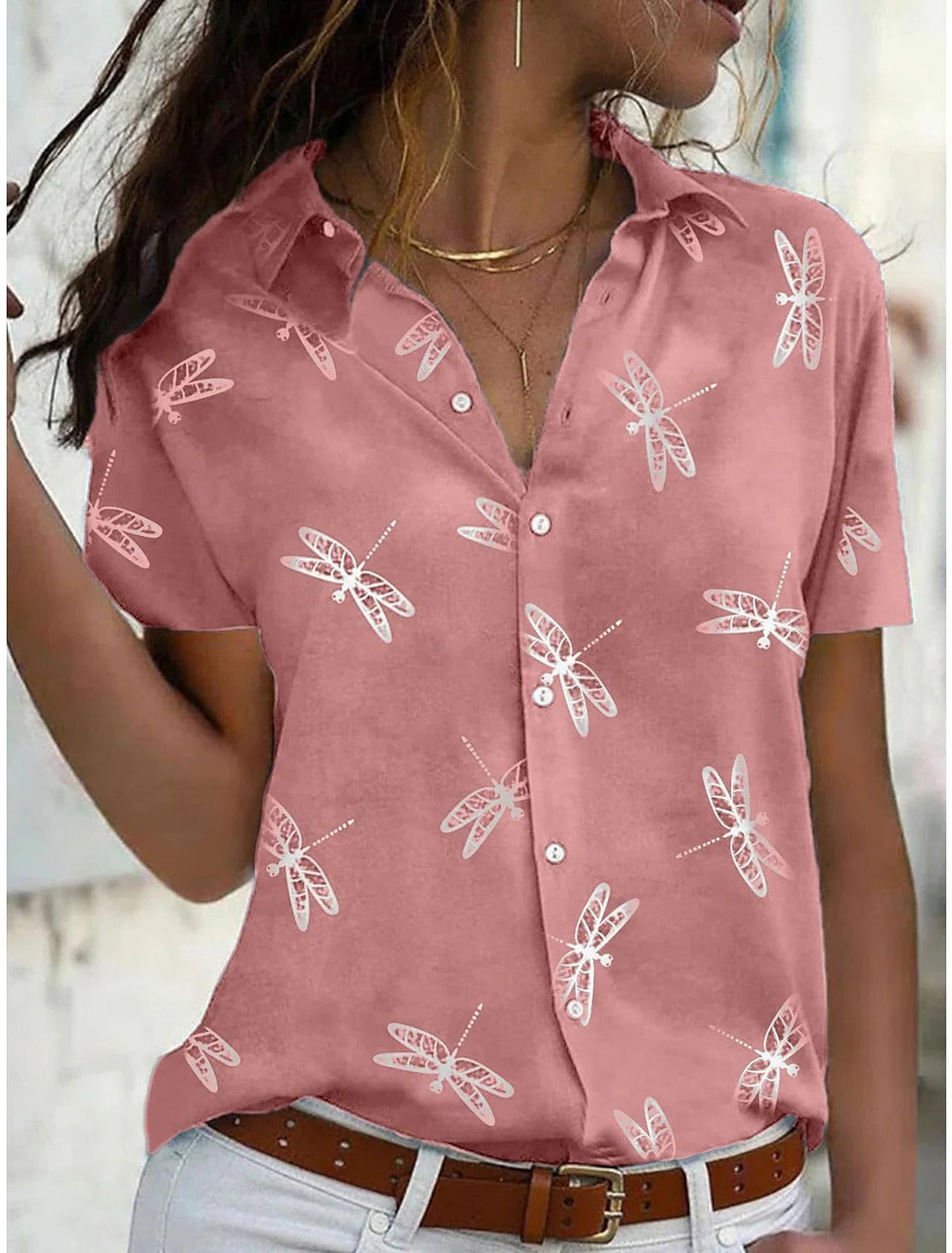 Zephyra | Women's Dragonfly Print Short Sleeve Button Down - Pink - Image 1