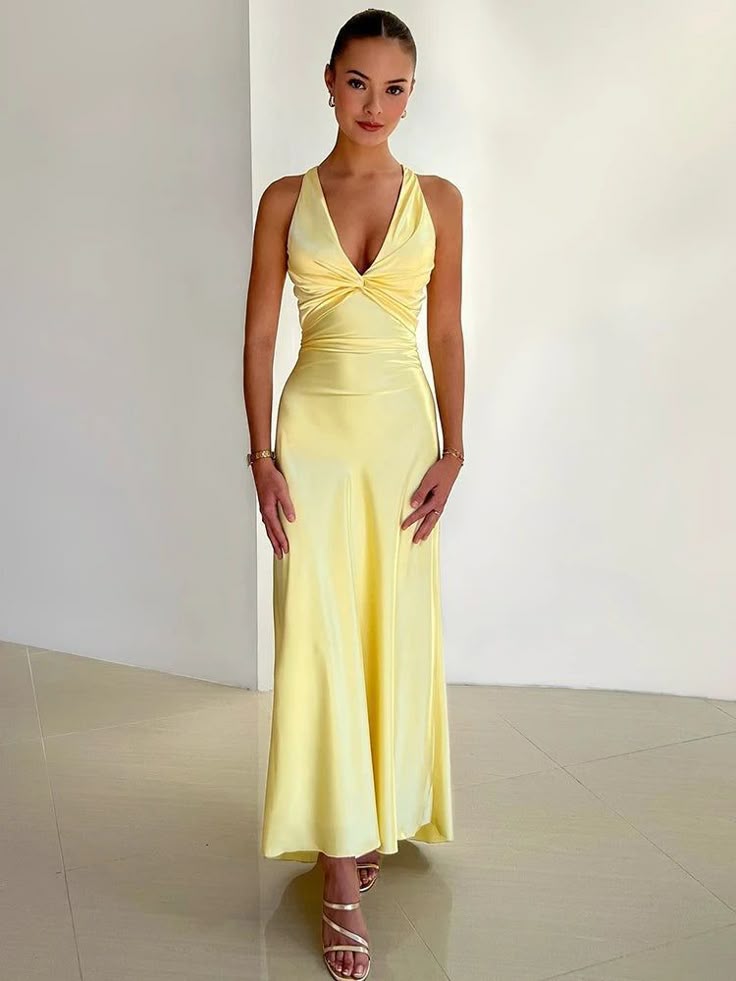 Zephyra | Women's V-Neck Twist Sleeveless Maxi Dress - Yellow - Image 1