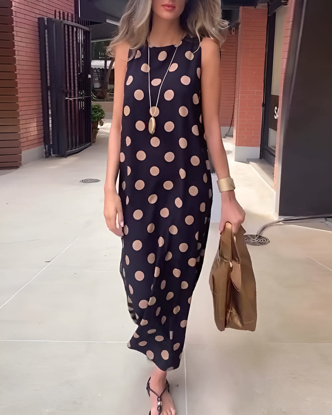 Zinnia | Women's Sleeveless Polka Dot Maxi Dress - Navy - Image 1